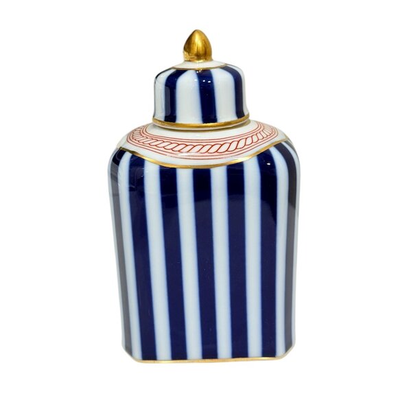 Vintage Blue and White Stripped Ginger Jar/Porcelain potiche with Gold Accents - Picture 17 of 17